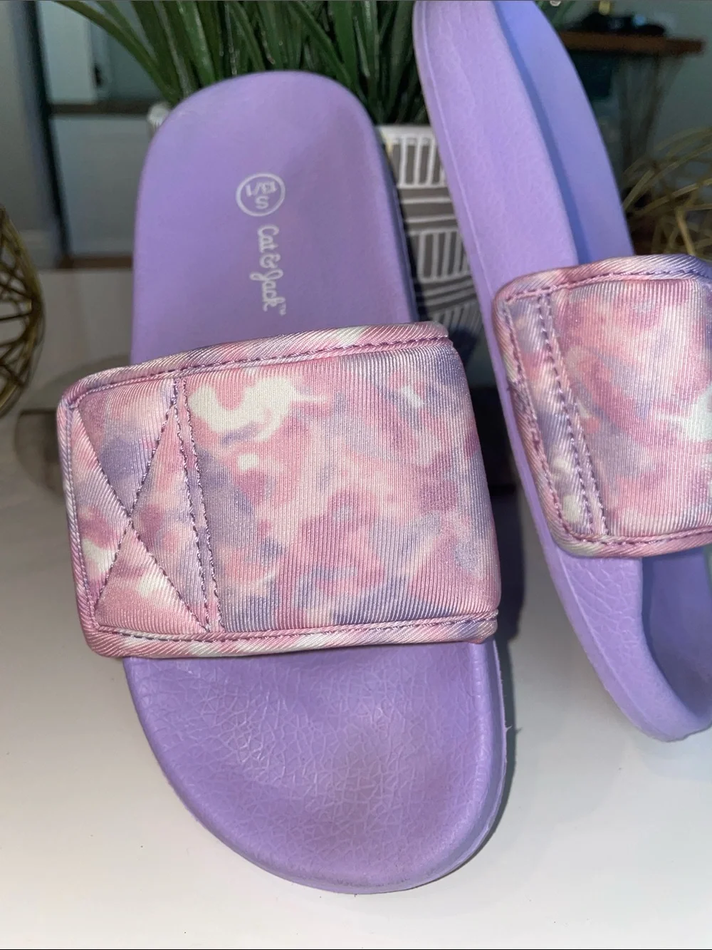 Cat & Jack Lavender Slide Sandals with Pink Camo Strap